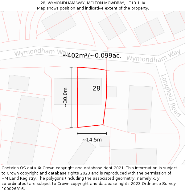 28, WYMONDHAM WAY, MELTON MOWBRAY, LE13 1HX: Plot and title map