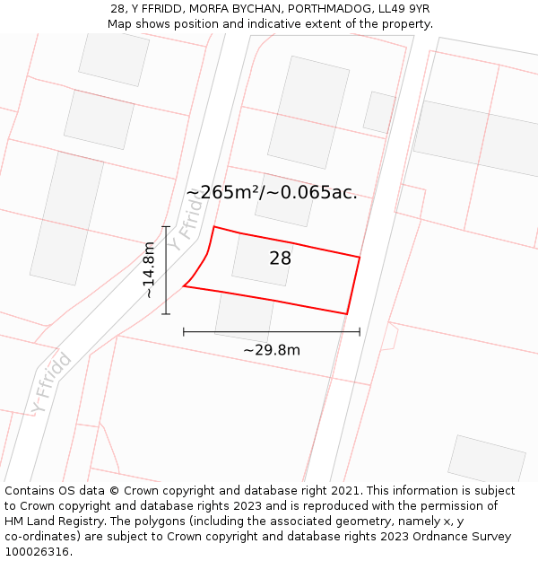 28, Y FFRIDD, MORFA BYCHAN, PORTHMADOG, LL49 9YR: Plot and title map