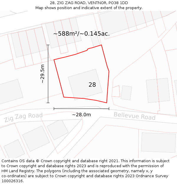 28, ZIG ZAG ROAD, VENTNOR, PO38 1DD: Plot and title map