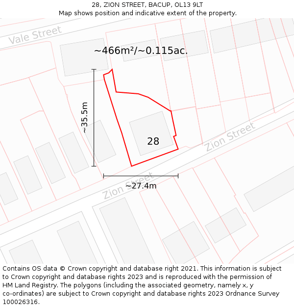 28, ZION STREET, BACUP, OL13 9LT: Plot and title map