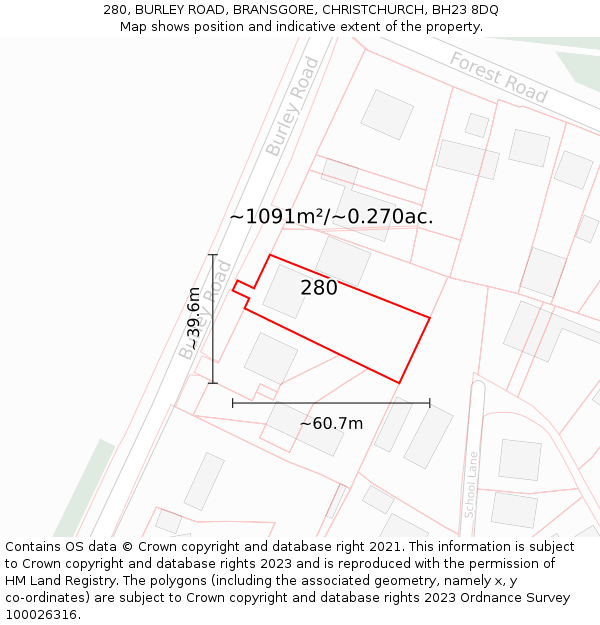 280, BURLEY ROAD, BRANSGORE, CHRISTCHURCH, BH23 8DQ: Plot and title map