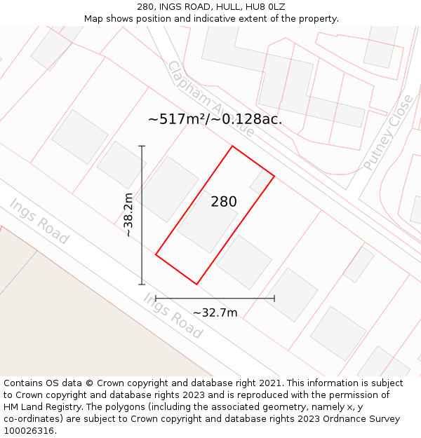 280, INGS ROAD, HULL, HU8 0LZ: Plot and title map