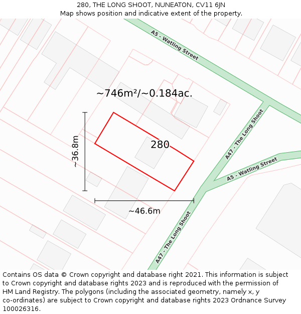 280, THE LONG SHOOT, NUNEATON, CV11 6JN: Plot and title map