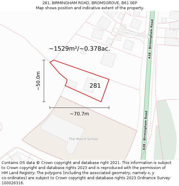 281, BIRMINGHAM ROAD, BROMSGROVE, B61 0EP: Plot and title map