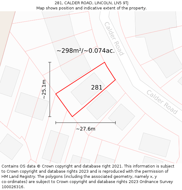 281, CALDER ROAD, LINCOLN, LN5 9TJ: Plot and title map