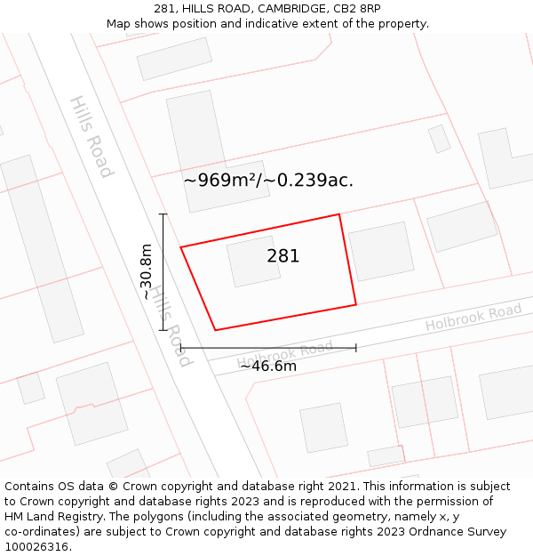 281, HILLS ROAD, CAMBRIDGE, CB2 8RP: Plot and title map