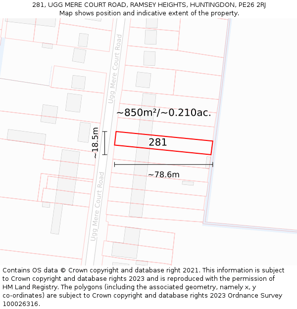 281, UGG MERE COURT ROAD, RAMSEY HEIGHTS, HUNTINGDON, PE26 2RJ: Plot and title map