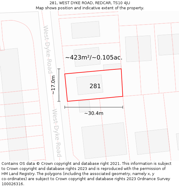 281, WEST DYKE ROAD, REDCAR, TS10 4JU: Plot and title map