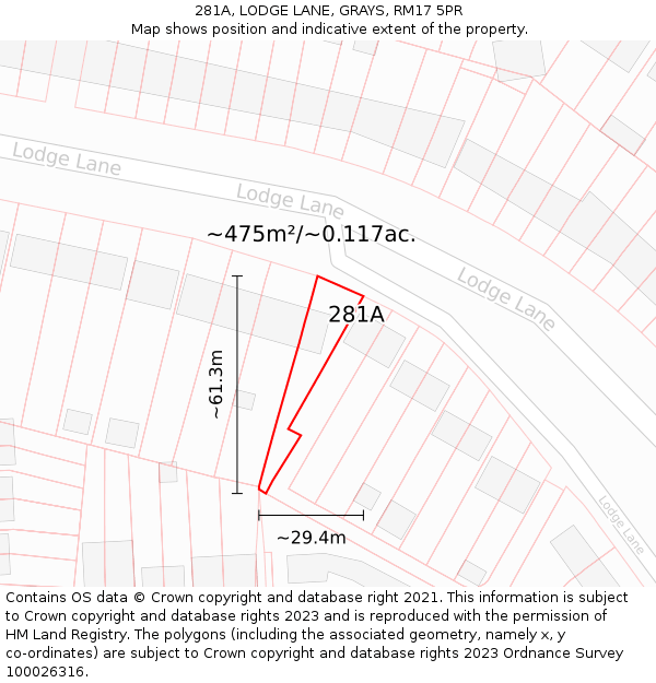 281A, LODGE LANE, GRAYS, RM17 5PR: Plot and title map