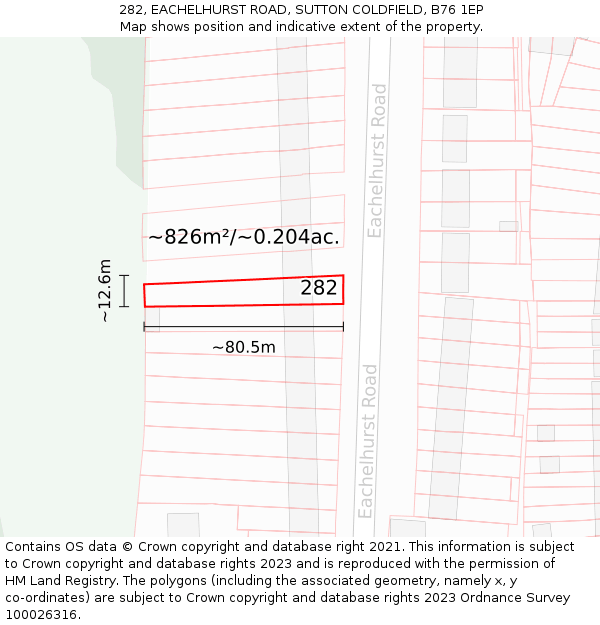 282, EACHELHURST ROAD, SUTTON COLDFIELD, B76 1EP: Plot and title map