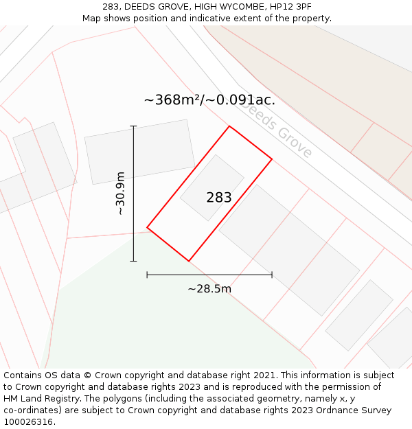 283, DEEDS GROVE, HIGH WYCOMBE, HP12 3PF: Plot and title map