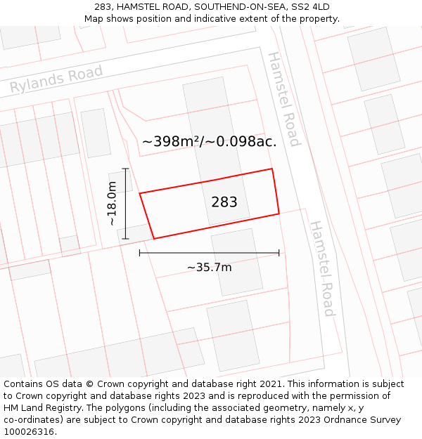 283, HAMSTEL ROAD, SOUTHEND-ON-SEA, SS2 4LD: Plot and title map