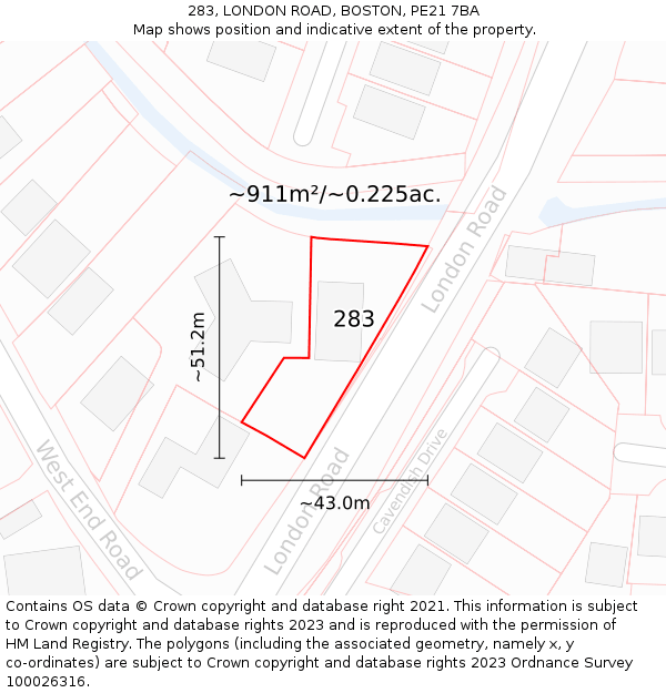 283, LONDON ROAD, BOSTON, PE21 7BA: Plot and title map