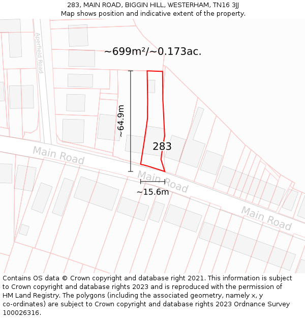 283, MAIN ROAD, BIGGIN HILL, WESTERHAM, TN16 3JJ: Plot and title map