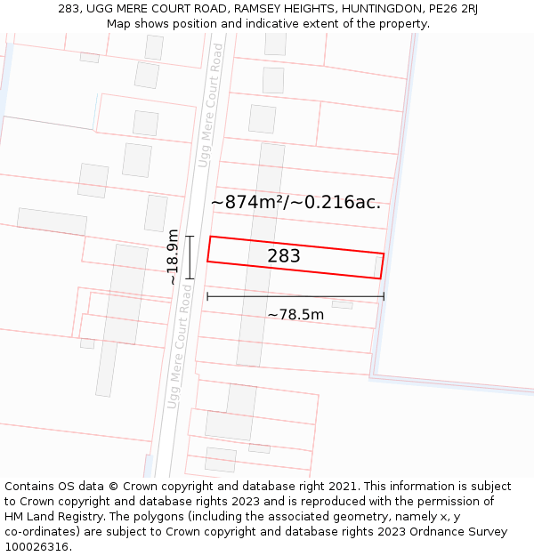 283, UGG MERE COURT ROAD, RAMSEY HEIGHTS, HUNTINGDON, PE26 2RJ: Plot and title map