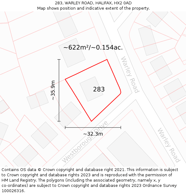 283, WARLEY ROAD, HALIFAX, HX2 0AD: Plot and title map
