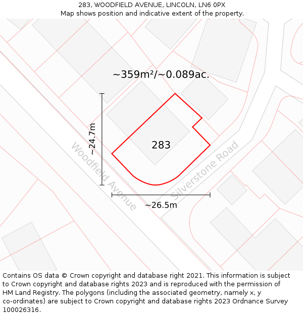 283, WOODFIELD AVENUE, LINCOLN, LN6 0PX: Plot and title map