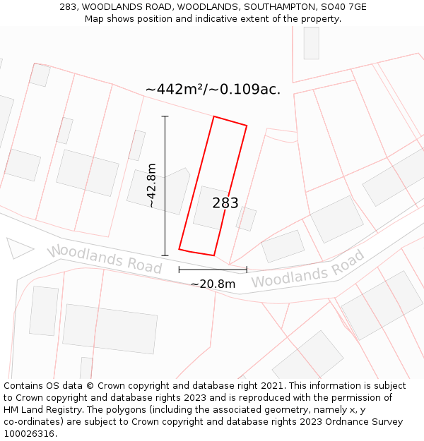 283, WOODLANDS ROAD, WOODLANDS, SOUTHAMPTON, SO40 7GE: Plot and title map