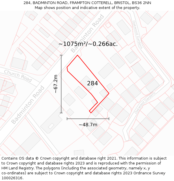 284, BADMINTON ROAD, FRAMPTON COTTERELL, BRISTOL, BS36 2NN: Plot and title map