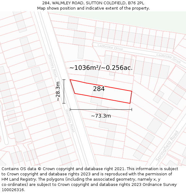 284, WALMLEY ROAD, SUTTON COLDFIELD, B76 2PL: Plot and title map