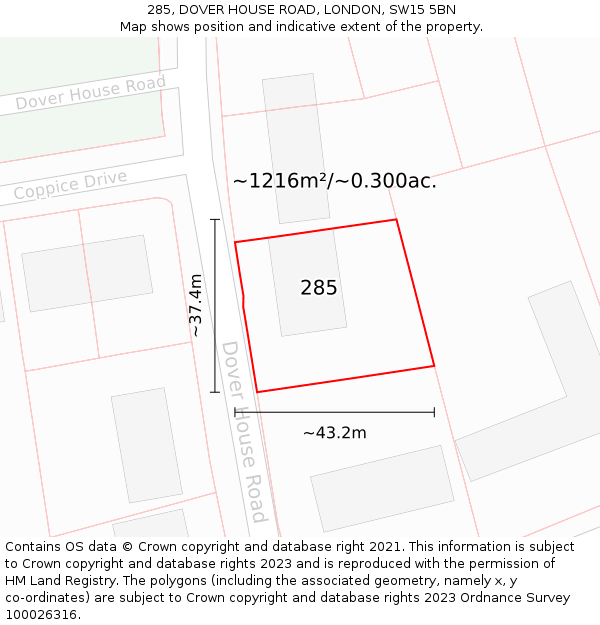 285, DOVER HOUSE ROAD, LONDON, SW15 5BN: Plot and title map