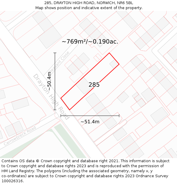 285, DRAYTON HIGH ROAD, NORWICH, NR6 5BL: Plot and title map