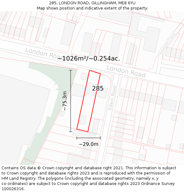 285, LONDON ROAD, GILLINGHAM, ME8 6YU: Plot and title map