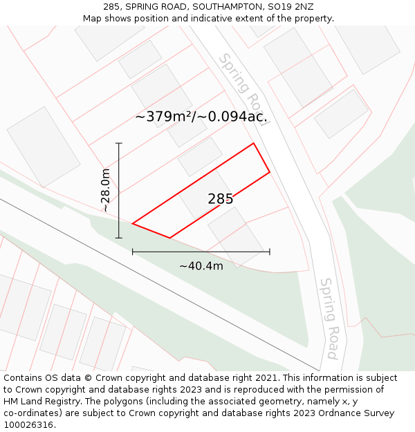 285, SPRING ROAD, SOUTHAMPTON, SO19 2NZ: Plot and title map
