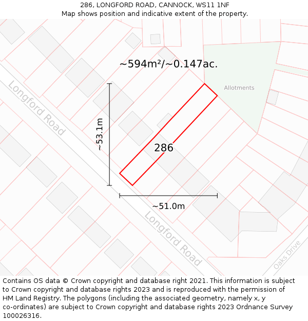 286, LONGFORD ROAD, CANNOCK, WS11 1NF: Plot and title map