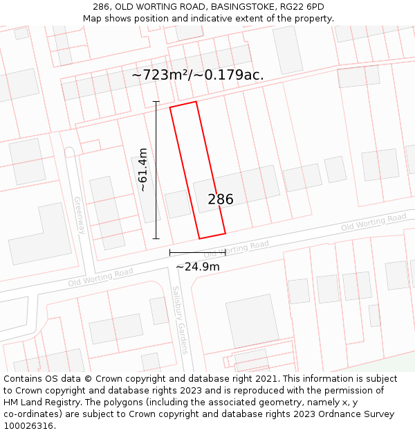 286, OLD WORTING ROAD, BASINGSTOKE, RG22 6PD: Plot and title map