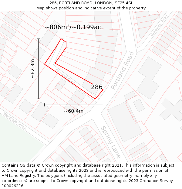 286, PORTLAND ROAD, LONDON, SE25 4SL: Plot and title map