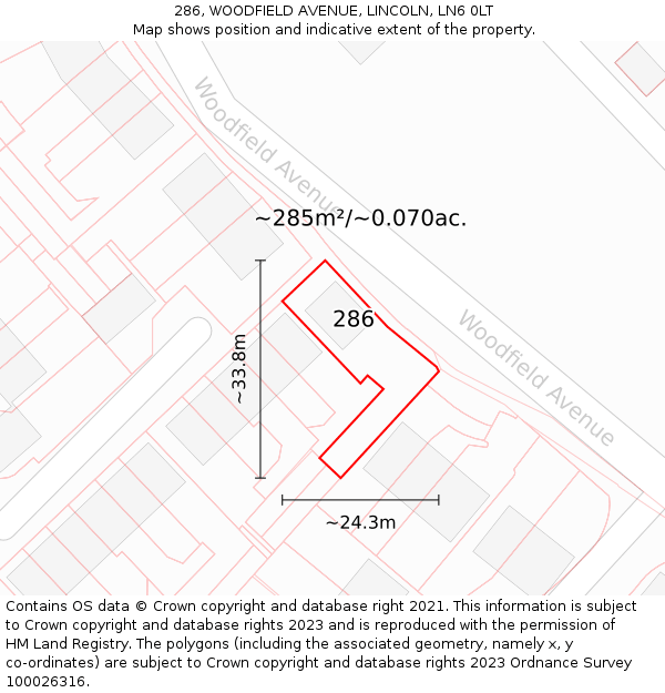 286, WOODFIELD AVENUE, LINCOLN, LN6 0LT: Plot and title map