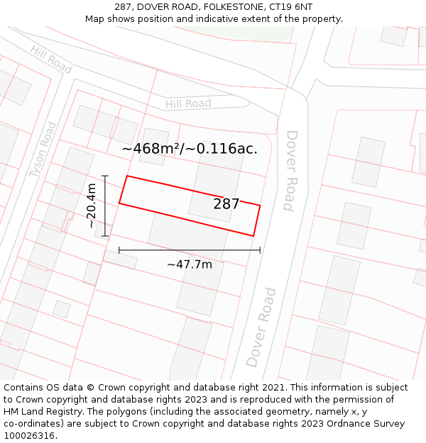 287, DOVER ROAD, FOLKESTONE, CT19 6NT: Plot and title map