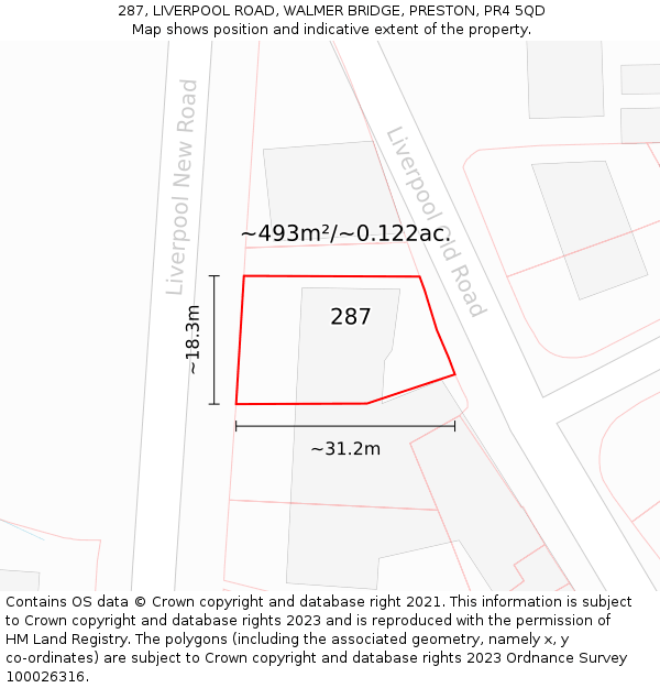 287, LIVERPOOL ROAD, WALMER BRIDGE, PRESTON, PR4 5QD: Plot and title map