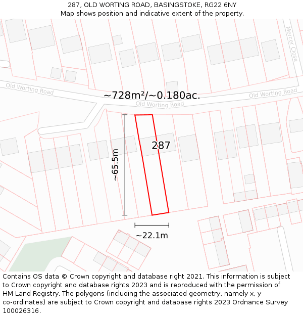 287, OLD WORTING ROAD, BASINGSTOKE, RG22 6NY: Plot and title map