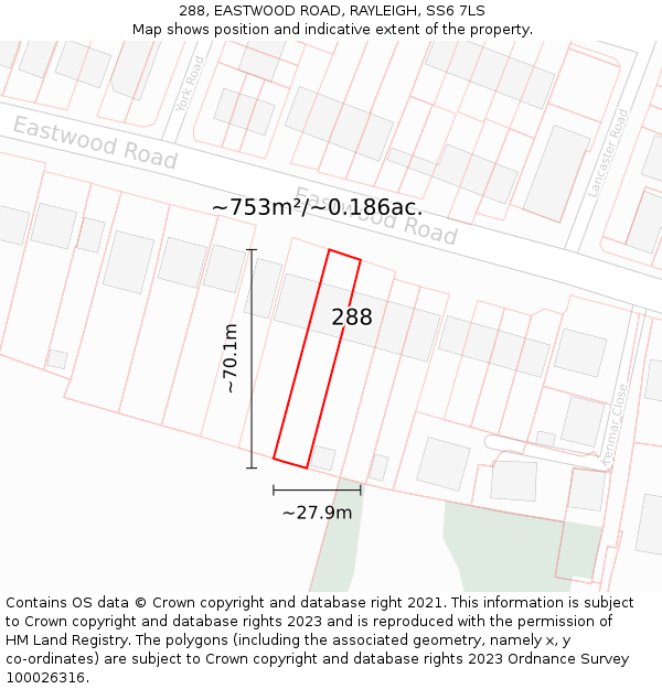 288, EASTWOOD ROAD, RAYLEIGH, SS6 7LS: Plot and title map