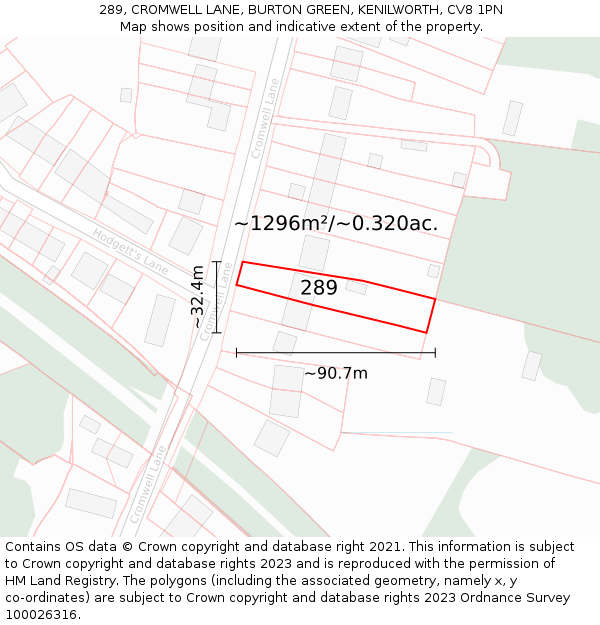 289, CROMWELL LANE, BURTON GREEN, KENILWORTH, CV8 1PN: Plot and title map