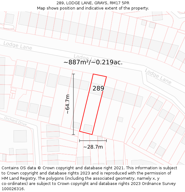 289, LODGE LANE, GRAYS, RM17 5PR: Plot and title map