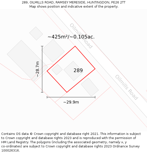 289, OILMILLS ROAD, RAMSEY MERESIDE, HUNTINGDON, PE26 2TT: Plot and title map