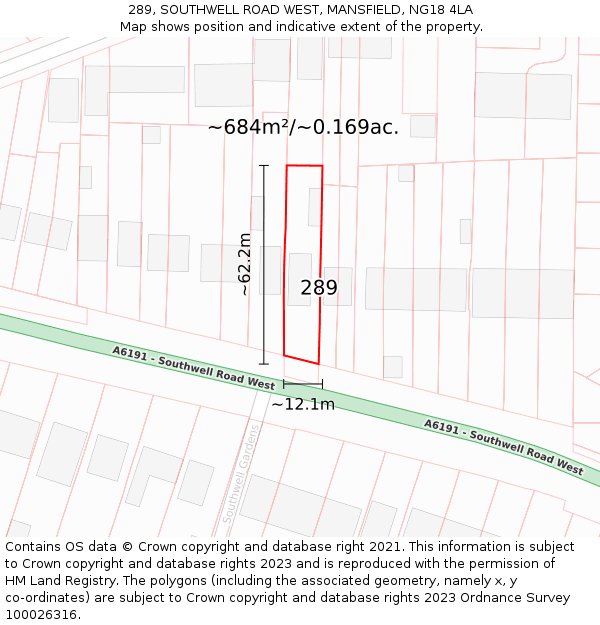 289, SOUTHWELL ROAD WEST, MANSFIELD, NG18 4LA: Plot and title map