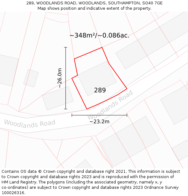 289, WOODLANDS ROAD, WOODLANDS, SOUTHAMPTON, SO40 7GE: Plot and title map