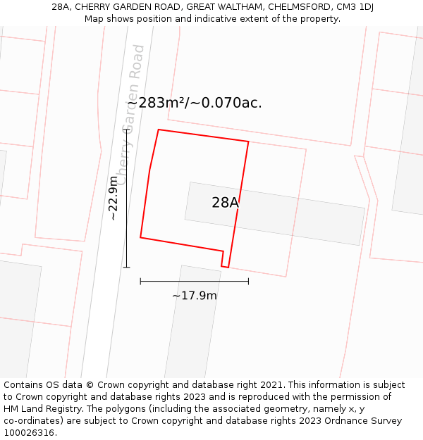 28A, CHERRY GARDEN ROAD, GREAT WALTHAM, CHELMSFORD, CM3 1DJ: Plot and title map