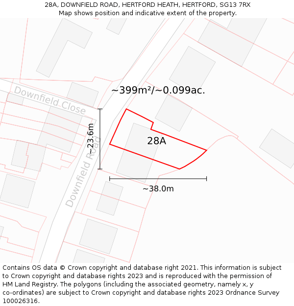 28A, DOWNFIELD ROAD, HERTFORD HEATH, HERTFORD, SG13 7RX: Plot and title map