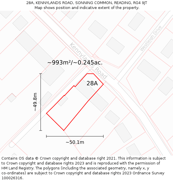 28A, KENNYLANDS ROAD, SONNING COMMON, READING, RG4 9JT: Plot and title map