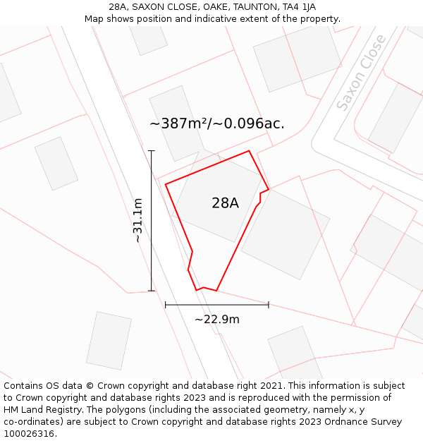 28A, SAXON CLOSE, OAKE, TAUNTON, TA4 1JA: Plot and title map