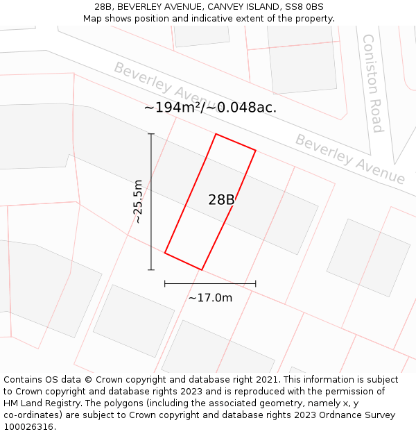 28B, BEVERLEY AVENUE, CANVEY ISLAND, SS8 0BS: Plot and title map