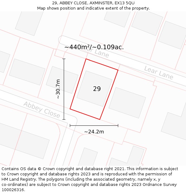 29, ABBEY CLOSE, AXMINSTER, EX13 5QU: Plot and title map