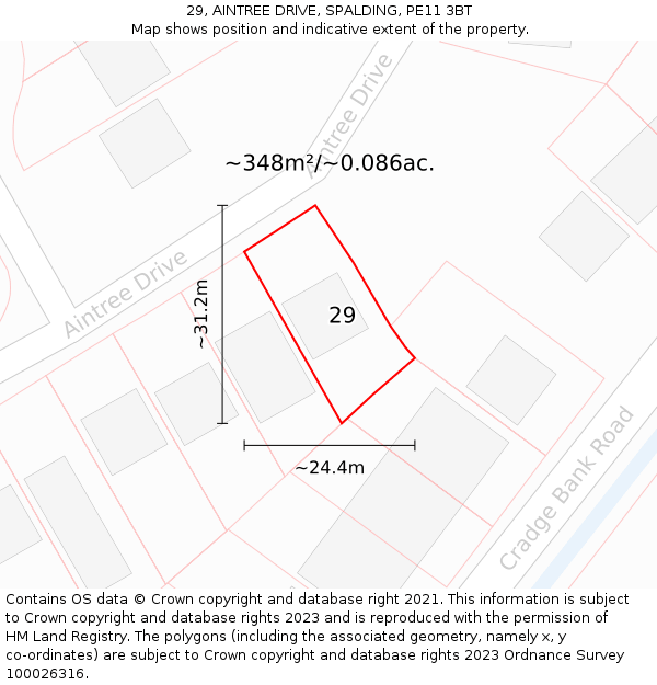 29, AINTREE DRIVE, SPALDING, PE11 3BT: Plot and title map