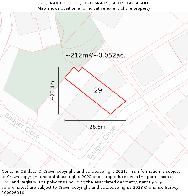 29, BADGER CLOSE, FOUR MARKS, ALTON, GU34 5HB: Plot and title map