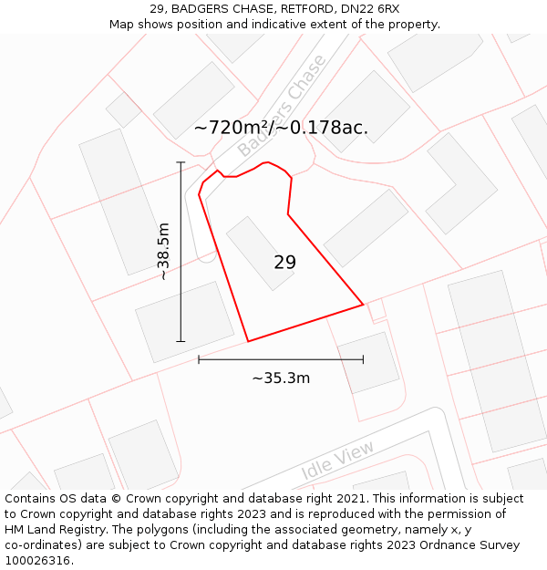 29, BADGERS CHASE, RETFORD, DN22 6RX: Plot and title map